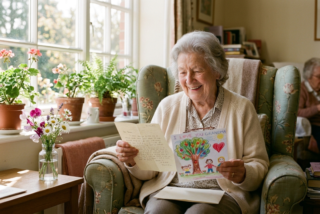 A smiling woman reading a letter and a child's drawing
